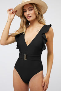 Thumbnail for Solid Ruffle Sleeve One Piece Swimsuit  Davi & Dani Black S 