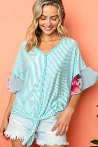 Thumbnail for STRIPE FLORAL MIXED RUFFLE TOP Womens Tops e Luna   