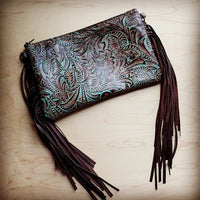Thumbnail for Embossed Turquoise Brown Floral Leather Clutch Purses\Wallets The Jewelry Junkie brown 1 