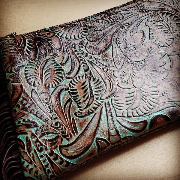 Embossed Turquoise Brown Floral Leather Clutch Purses\Wallets The Jewelry Junkie   