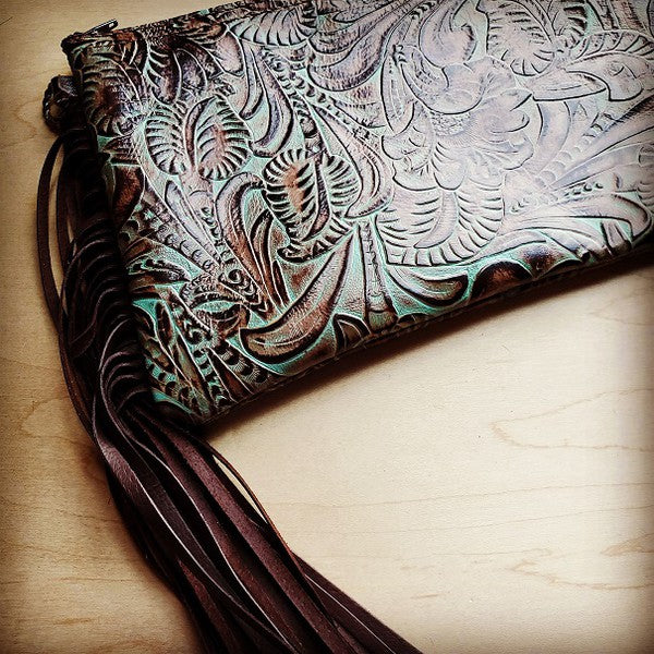 Embossed Turquoise Brown Floral Leather Clutch Purses\Wallets The Jewelry Junkie   