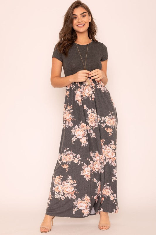 Plus Short Sleeve Floral Maxi Dress Dresses EG fashion Charcoal 1X 