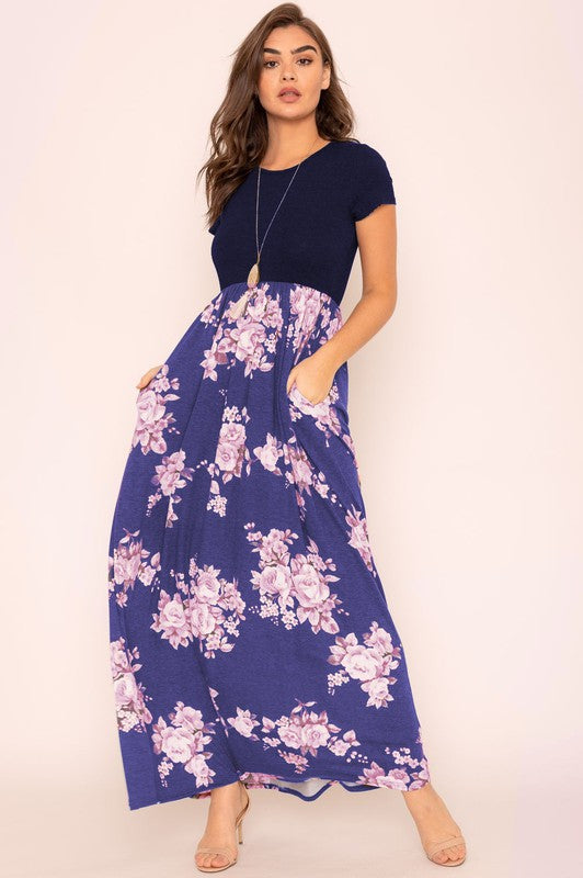 Plus Short Sleeve Floral Maxi Dress Dresses EG fashion Navy 1X 