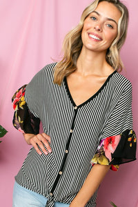 Thumbnail for STRIPE FLORAL MIXED RUFFLE TOP Womens Tops e Luna   