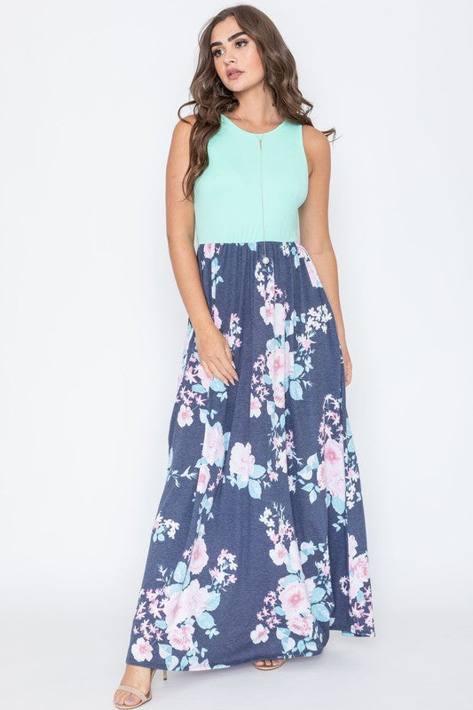 Sleeveless Floral Maxi Dress Dresses EG fashion Navy S 