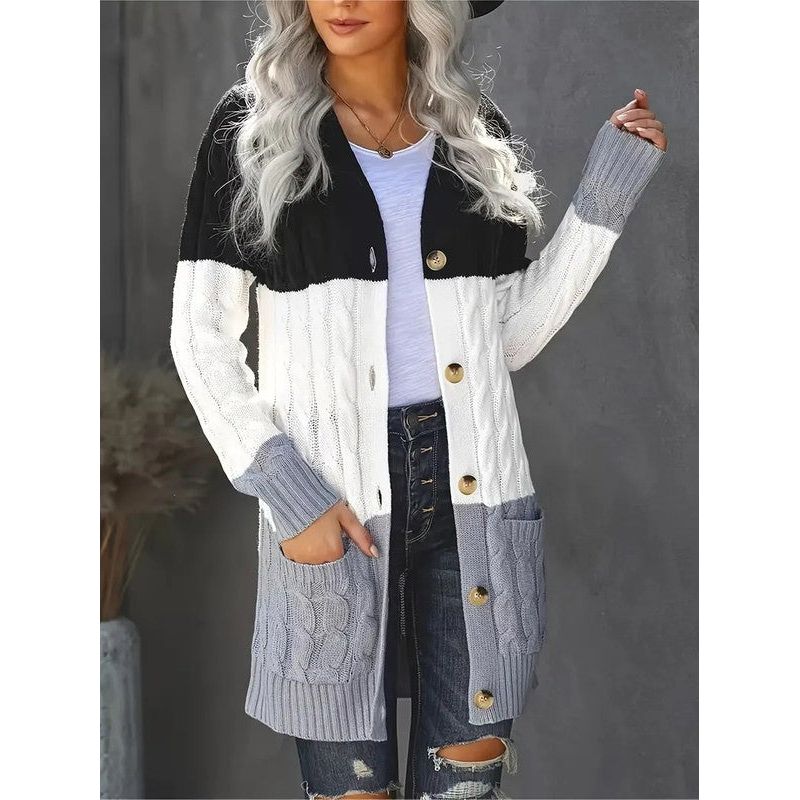 Cable Knit Button Cardigan With Pockets Sweaters/Cardigans EG fashion multi S 