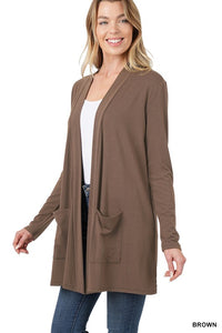 Thumbnail for Slouchy Pocket Open Cardigan Sweaters/Cardigans ZENANA BROWN S 