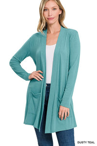 Thumbnail for Slouchy Pocket Open Cardigan Sweaters/Cardigans ZENANA DUSTY TEAL S 