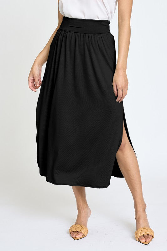 Solid Side Slit Midi Skirt Skirts EG fashion Black S 