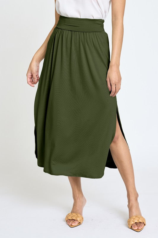 Solid Side Slit Midi Skirt Skirts EG fashion olive S 