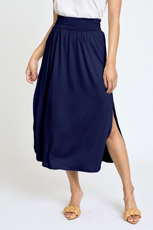 Solid Side Slit Midi Skirt Skirts EG fashion Navy S 