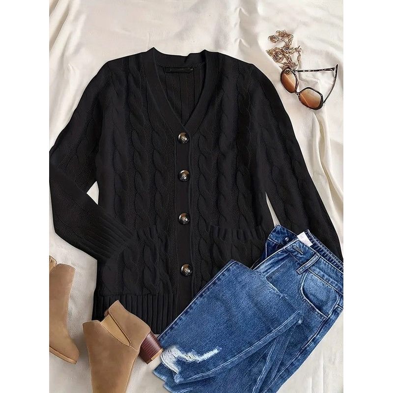 Cable Knit Button Cardigan With Pockets Sweaters/Cardigans EG fashion Black S 