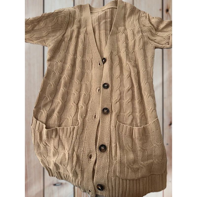 Cable Knit Button Cardigan With Pockets Sweaters/Cardigans EG fashion khaki S 