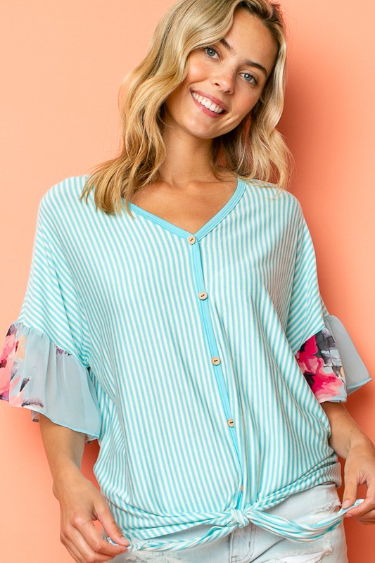 STRIPE FLORAL MIXED RUFFLE TOP Womens Tops e Luna   