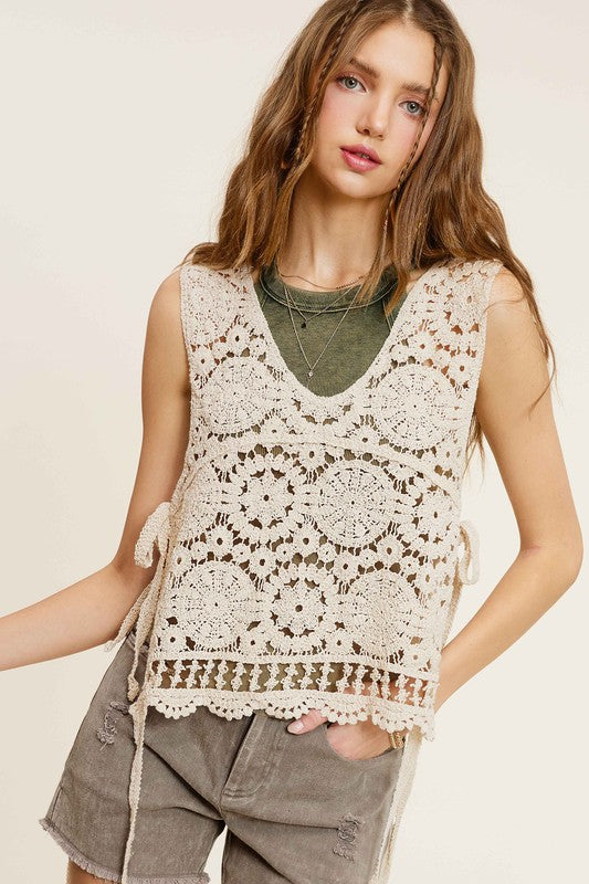 Self Side Tie Detailed Crochet Vest Top  La Miel   