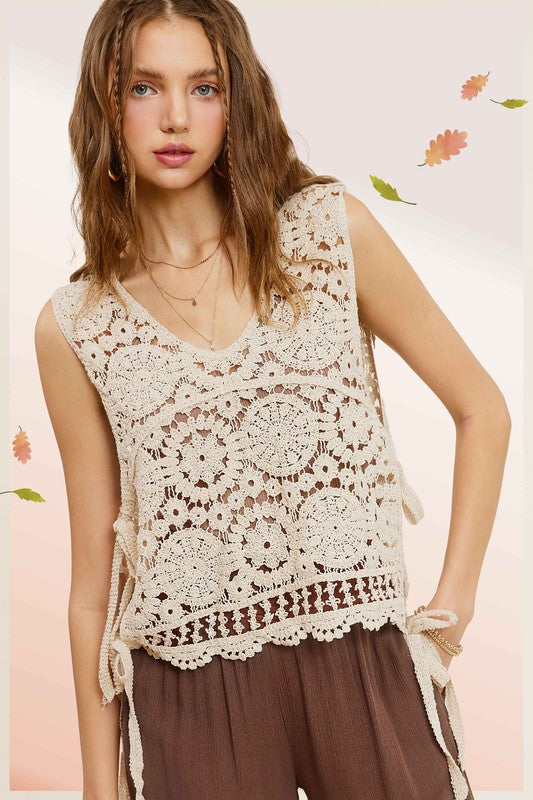 Self Side Tie Detailed Crochet Vest Top  La Miel NATURAL S 