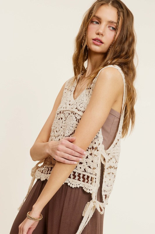 Self Side Tie Detailed Crochet Vest Top  La Miel   