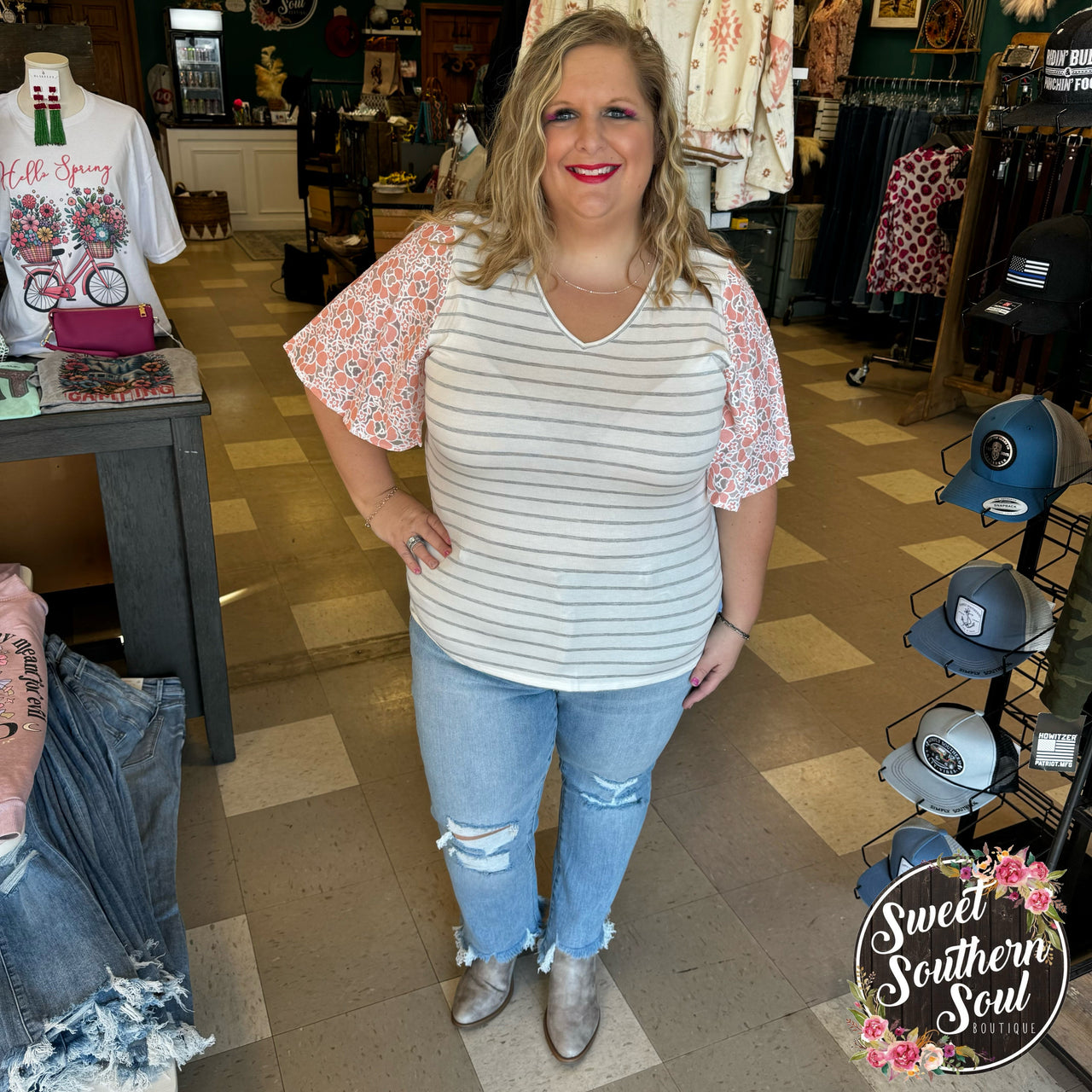 Whispering Petals Flutter Sleeves Top Shirts & Tops Sweet Southern Soul Boutique Small Coral/Gray 