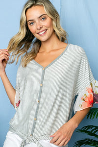 Thumbnail for STRIPE FLORAL MIXED RUFFLE TOP Womens Tops e Luna   