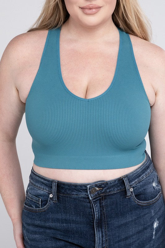 Plus Ribbed Cropped Racerback Tank Top Womens Tops ZENANA DUSTY TEAL 1X/2X 
