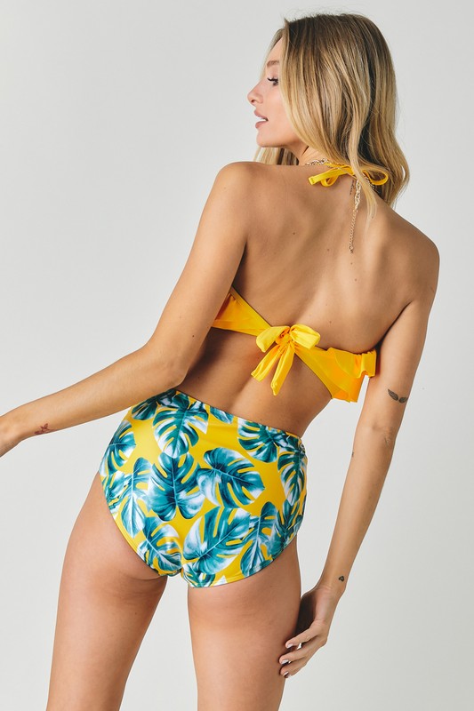 Solid Ruffle Top And Printed Bottom Swimsuit  Davi & Dani   