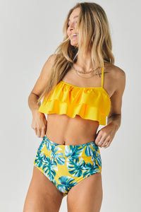 Thumbnail for Solid Ruffle Top And Printed Bottom Swimsuit  Davi & Dani   