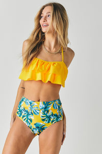 Thumbnail for Solid Ruffle Top And Printed Bottom Swimsuit  Davi & Dani Yellow S 