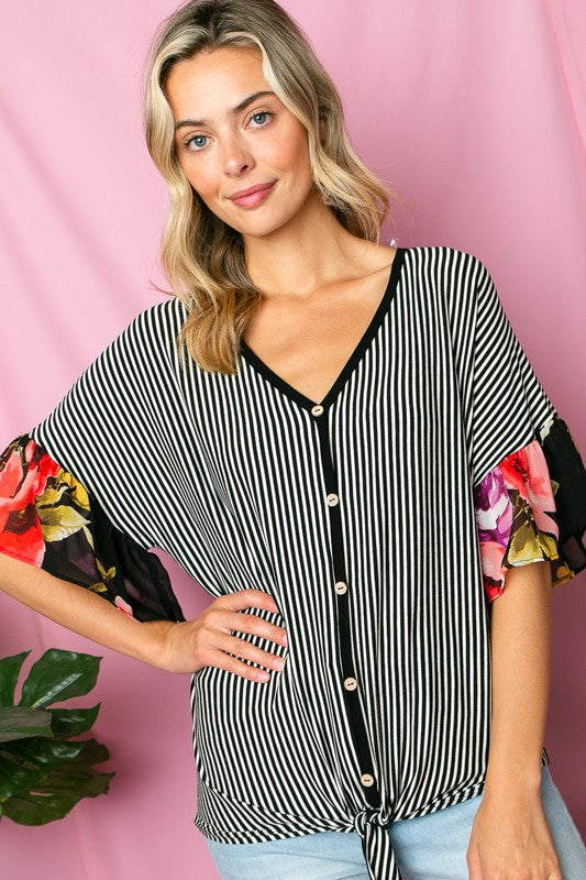 STRIPE FLORAL MIXED RUFFLE TOP Womens Tops e Luna   