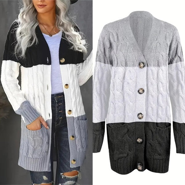 Cable Knit Button Cardigan With Pockets Sweaters/Cardigans EG fashion   