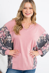 Thumbnail for PLUS FLORAL MIXED CASUAL BOXY TOP Womens Tops e Luna Mauve 1X 