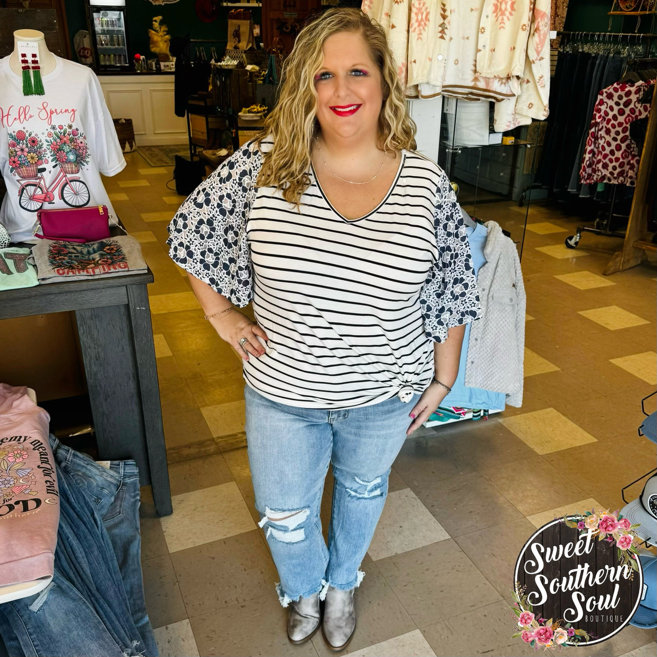 Whispering Petals Flutter Sleeves Top Shirts & Tops Sweet Southern Soul Boutique Small Denim Blue/Navy 