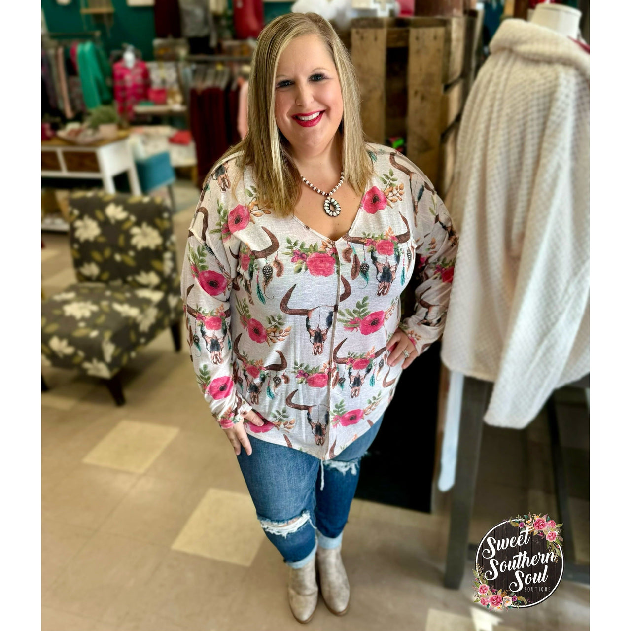 Floral Cow Skull Top Shirts & Tops Sweet Southern Soul Boutique   