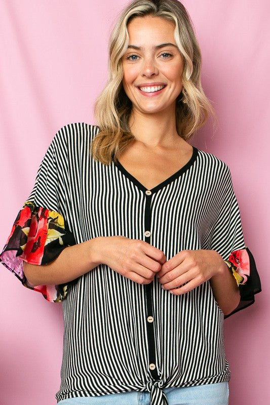 STRIPE FLORAL MIXED RUFFLE TOP Womens Tops e Luna   