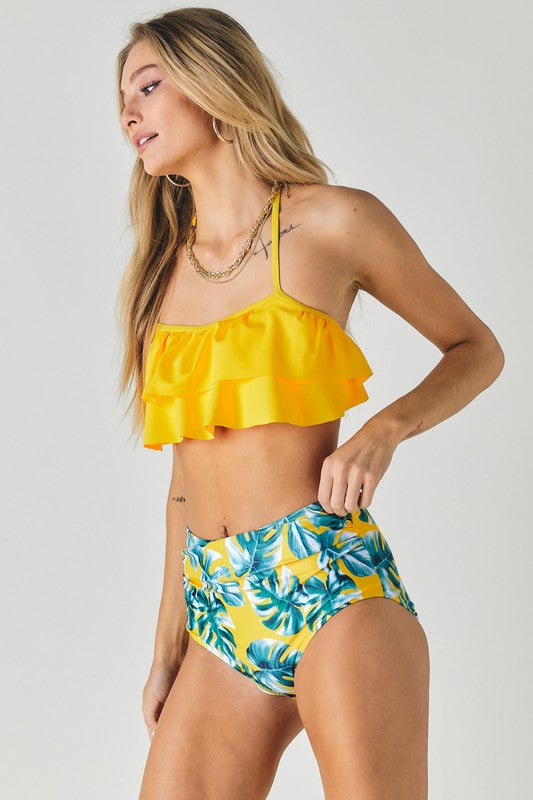 Solid Ruffle Top And Printed Bottom Swimsuit  Davi & Dani   