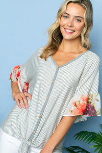 Thumbnail for STRIPE FLORAL MIXED RUFFLE TOP Womens Tops e Luna   