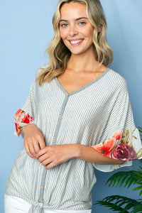 Thumbnail for STRIPE FLORAL MIXED RUFFLE TOP Womens Tops e Luna   