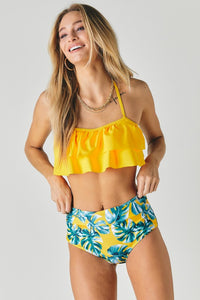 Thumbnail for Solid Ruffle Top And Printed Bottom Swimsuit  Davi & Dani   