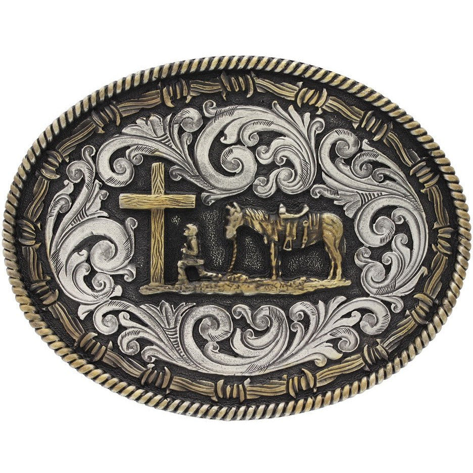 Two Tone Rope & Barb Christian Cowboy Buckle Belt Buckles Montana Silversmiths   