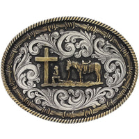 Thumbnail for Two Tone Rope & Barb Christian Cowboy Buckle Belt Buckles Montana Silversmiths   